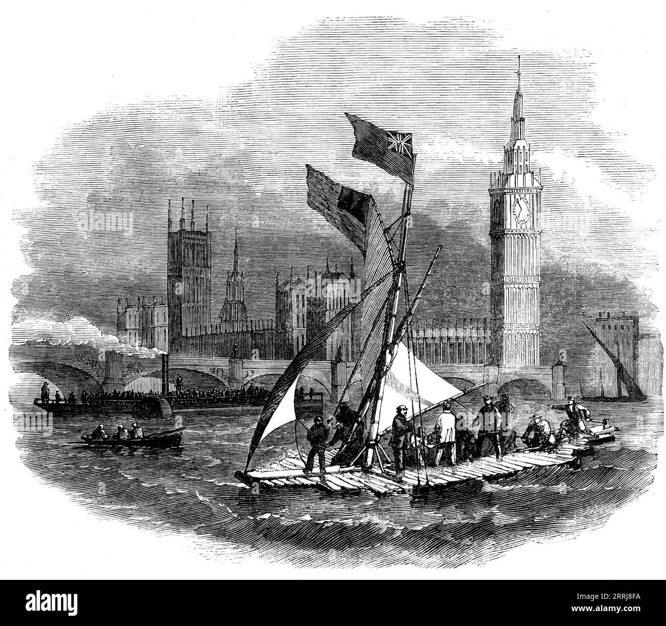 Captain Urquhart experimenting with his Life-Preserving Raft on the Thames, [in London] 1858. 'A craft, attracting attention by its singular appearance, has been lately experimented on by the inventor, Captain W. Urquhart, of New York, on the Thames. This new life-preserving apparatus is composed of [nineteen] mattresses connected in such a manner as to form a raft. These mattresses are intended at the same time as beds for the crew and passengers. Each of them is composed of an impervious envelope of gutta-percha, containing another, of common canvas, filled with cork shavings...A valve place Stock Photo