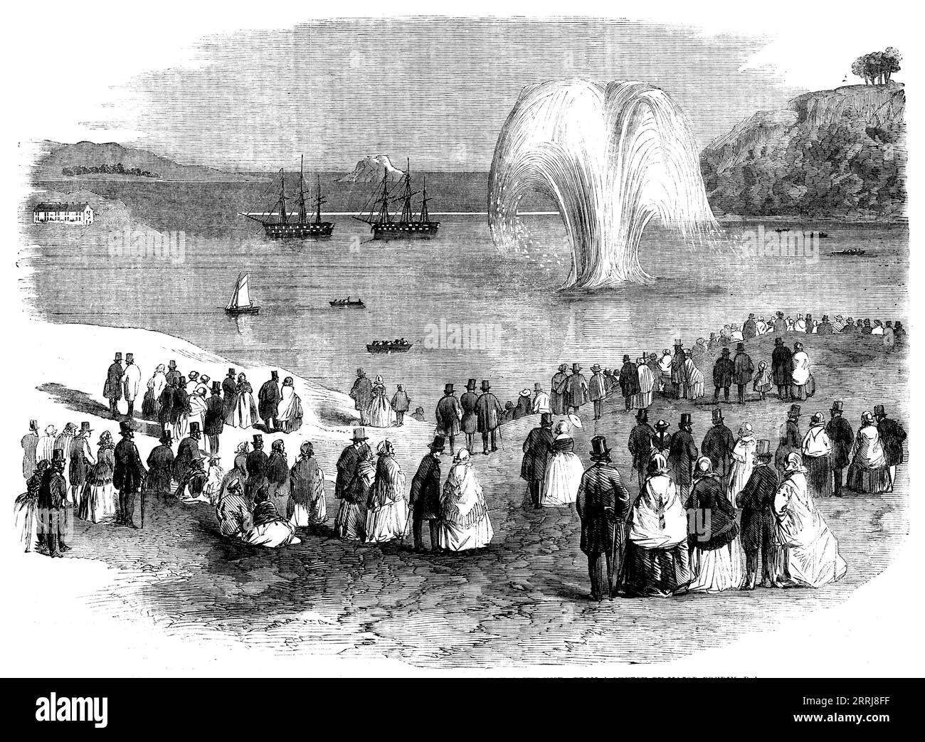 The Blowing Up of the Vanguard Rock at Plymouth on Friday, the 5th November - from a sketch by Major Bredin, R.A., 1858. Displacement of '...the rock at the entrance of the Devonport harbour...One of the huge cylinders sent out to the Crimea during the late war for the purpose of blowing up the sunken fleet at Sebastopol, but shipped home again without being applied to that end, was the means employed...the cylinder, which was fourteen feet in length and four feet five inches in diameter, and which contained about a ton of gunpowder, was sunk into position...Thirteen minutes after the fuse was Stock Photo