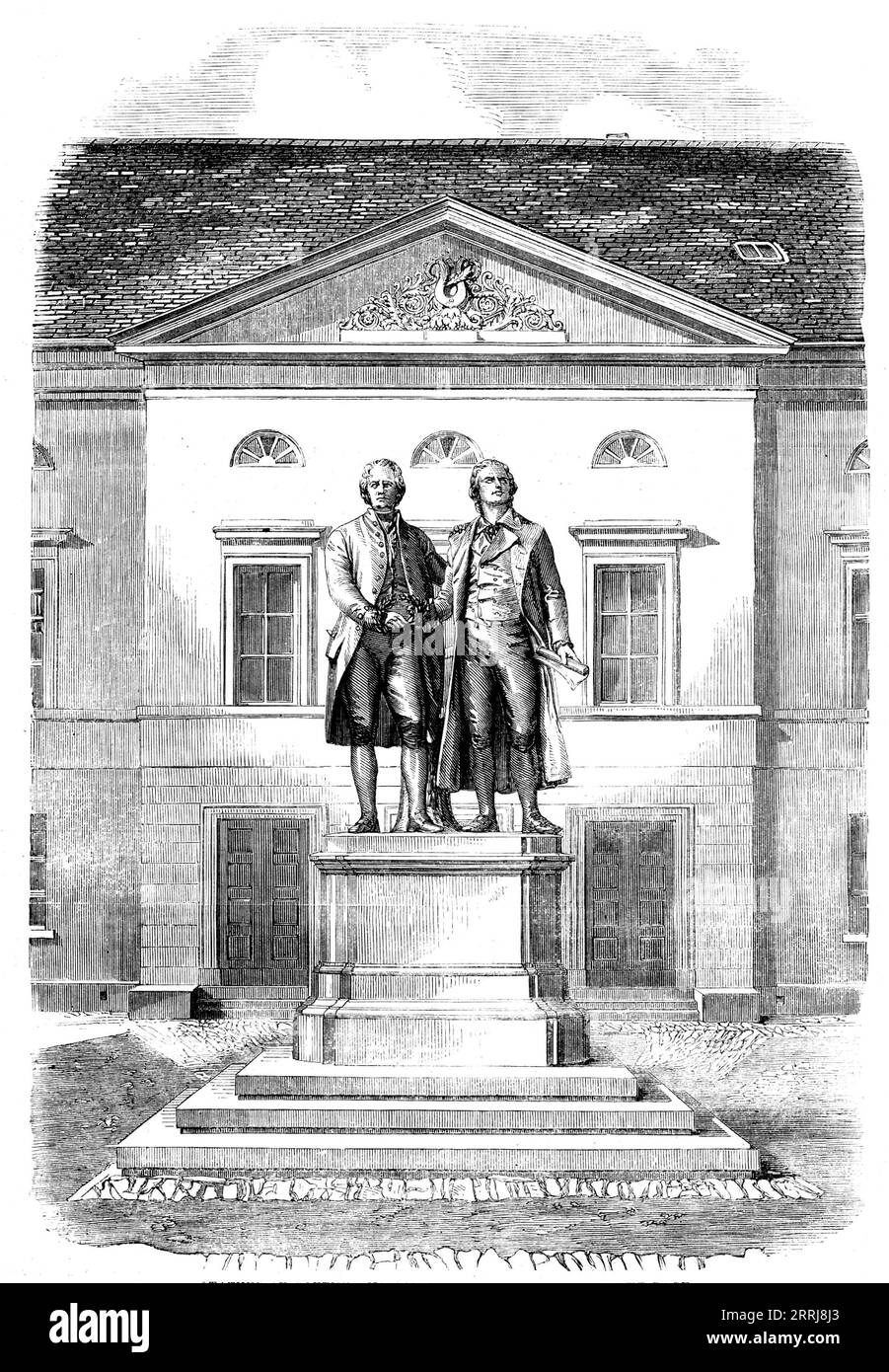 Statues of Goethe and Schiller at Weimar, 1858. Sculpture of German writers and dramatists Johann Wolfgang von Goethe and Friedrich Schiller. 'Rietschel, the Dresden sculptor, who was selected to execute these statues, has appropriately represented them grasping the same crown of laurel. This work added greatly to the fame of the artist, and earned for the him the Cross of a Commander of the Order of the Falcon'. From &quot;Illustrated London News&quot;, 1858. Stock Photo