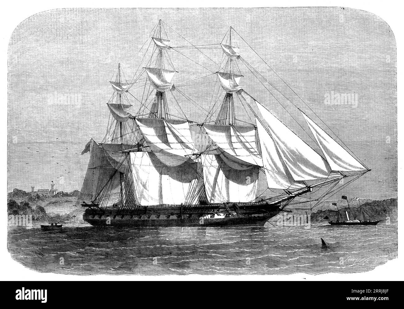 H.M.S. &quot;Euryalus&quot;, the Vessel in which Prince Alfred takes his First Voyage to Sea, 1858. 'On the return of the Euryalus from Cherbourg, where she attended as one of the squadron of honour, and excited the admiration of all the French naval officers, she was honoured by a visit from her Majesty [Queen Victoria], who was pleased to express herself highly gratified with her inspection of this perfection of a frigate. Her dimensions, power, and armament are as follow: Length, 245 feet; beam, 50 feet 9 inches; tonnage, 2371; power, 400 horses; armament, main-deck, twenty-two 32-pounders Stock Photo