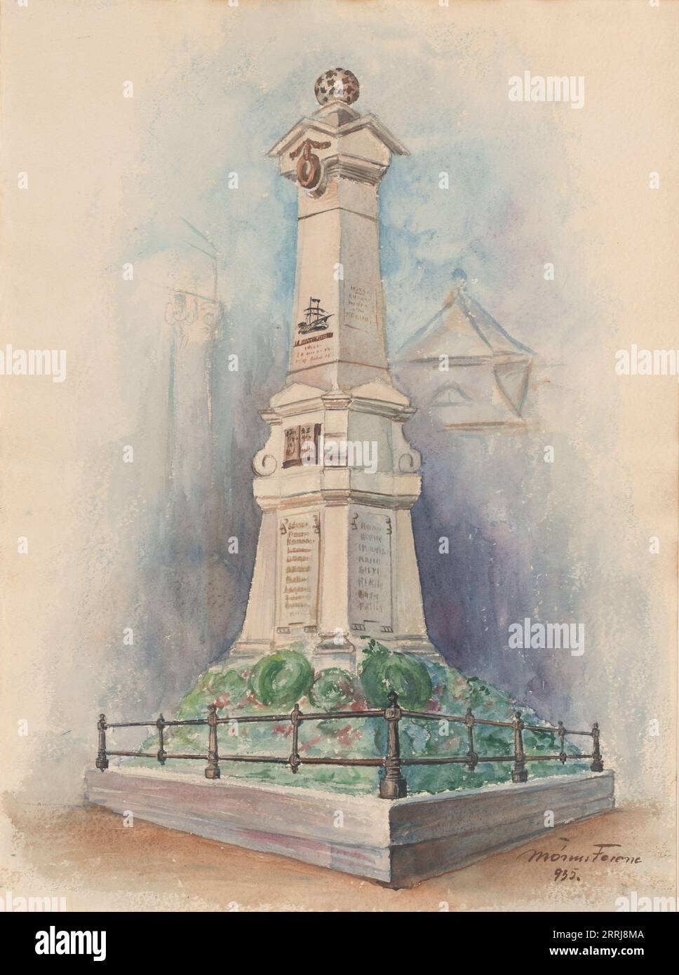 Memorial column for Lieutenant Admiral M.A. De Ruyter in Debrecen, 1900-1950. Watercolour of the memorial column, founded in Debrecen (Hungary) in 1895 to commemorate the redemption of the Hungarian preachers by Lieutenant Admiral M.A. De Ruyter on February 11, 1676. Stock Photo