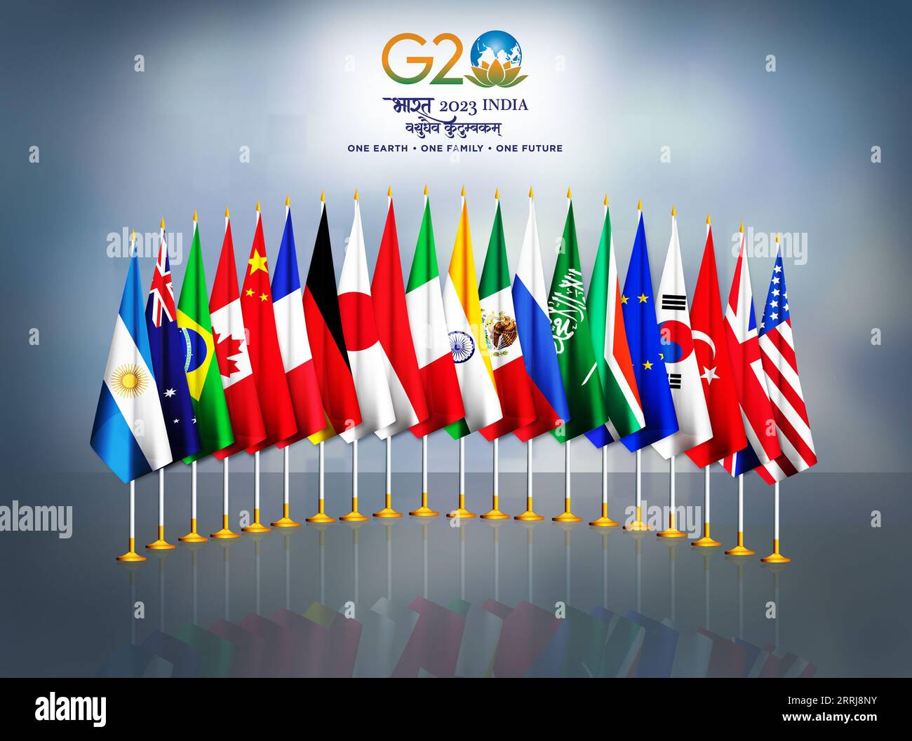 G 20 2023 summit background.Flags of G 20 member countries Stock Photo