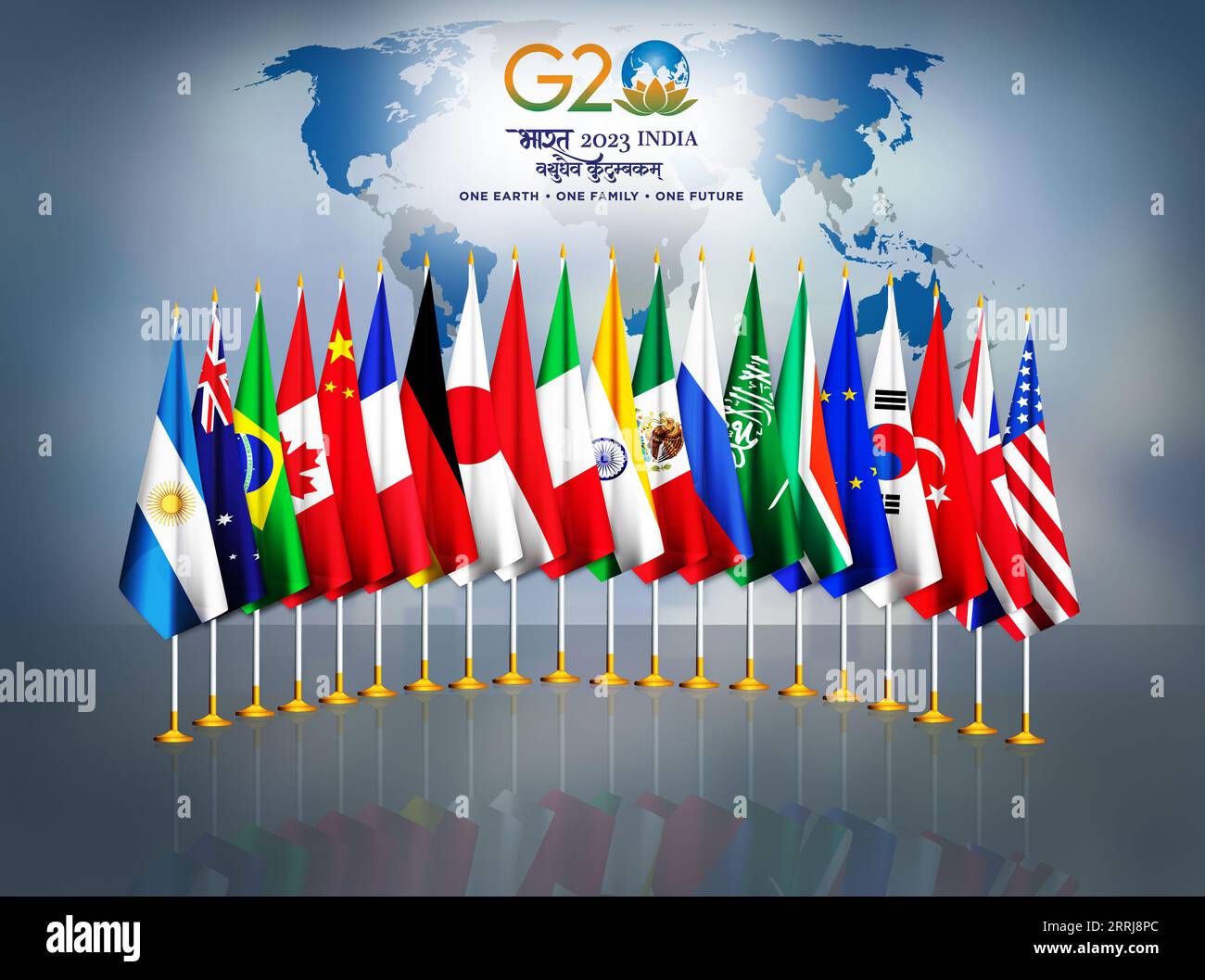 G20 New Delhi summit background.Flags of G 20 member countries. Stock Photo