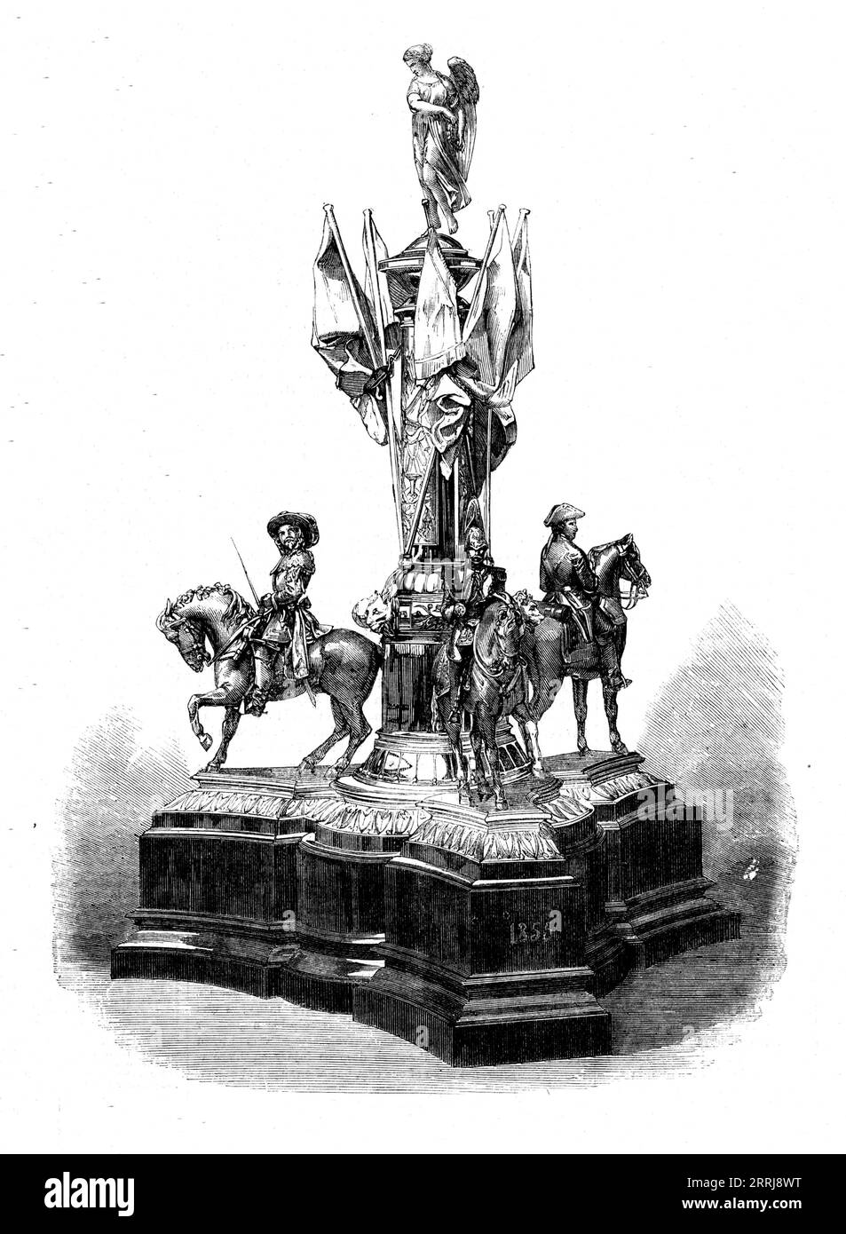 Testimonial recently presented to Major-General Hall, late of the 1st Life Guards, 1858. 'A magnificent piece of plate...presented to Major-General Hall...as a mark of the esteem and regard of the officers who served with him in that regiment...The Duke of Beaufort presented the testimonial in appropriate terms, and Major-General Hall expressed his acknowledgments. The Duke then invited the officers present to a sumptuous luncheon, served with great profusion and elegance, the testimonial itself forming a splendid addition. The intrinsic value of the piece of plate is about &#xa3;900. It consi Stock Photo