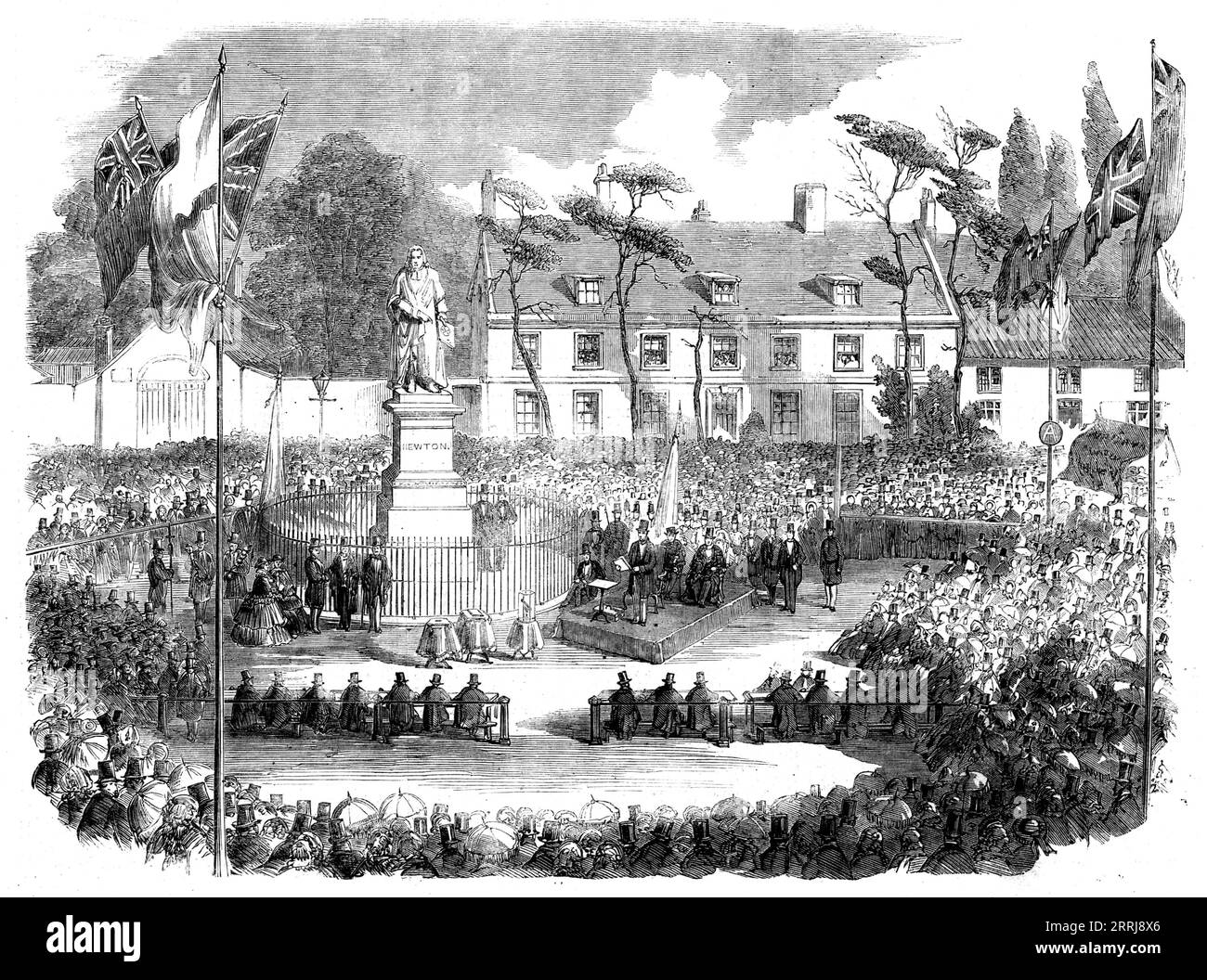 Inauguration of the Statue of Sir Isaac Newton at Grantham, 1858. 'The statue of the great mathematician and astronomer, from the hand of W. Theed, Esq...[was erected] at Grantham, Lincolnshire, near which town Newton was born, and in which he received the rudiments of his education...[It] was inaugurated...with great ceremony, and in the midst of a vast concourse of persons, including many men of science from all parts of the country...the covering, which till now hid the statue from view, was withdrawn, and a chorus of cheers burst from the assemblage. The noble statue stood out in the brigh Stock Photo