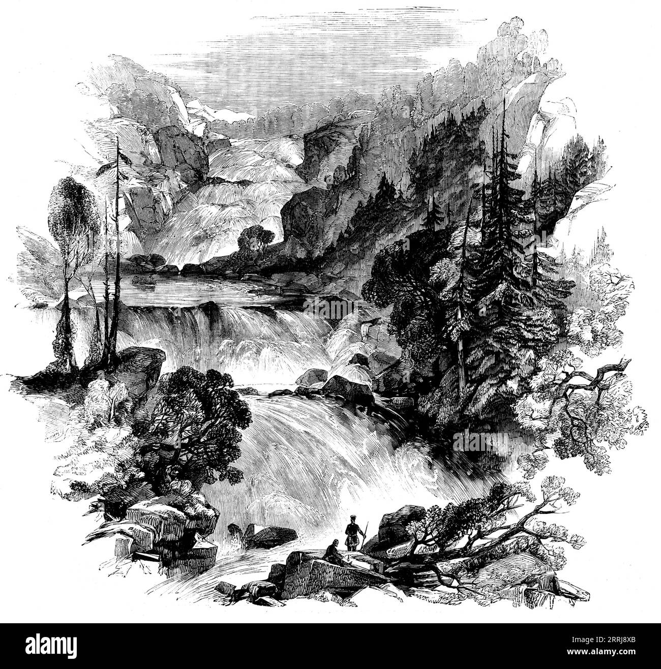 The Canadian Red River Exploring Expedition - Great Falls on Little Dog River, at Great Dog Portage, 1858. 'The Falls in the accompanying Sketch, by Mr. Fleming, assistant to Mr. Hind, lie some distance to the west of the beginning of the Great Dog Portage, one of the most formidable barriers on the canoe route between Lakes Superior and Winnipeg. The Great Dog Portage rises 468 feet above Little Dog Lake, into which the water, passing over the Falls...rushes with a wild, indescribable beauty from Great Dog Lake, north of the barrier just noticed. The difference in the level of Little and Grea Stock Photo