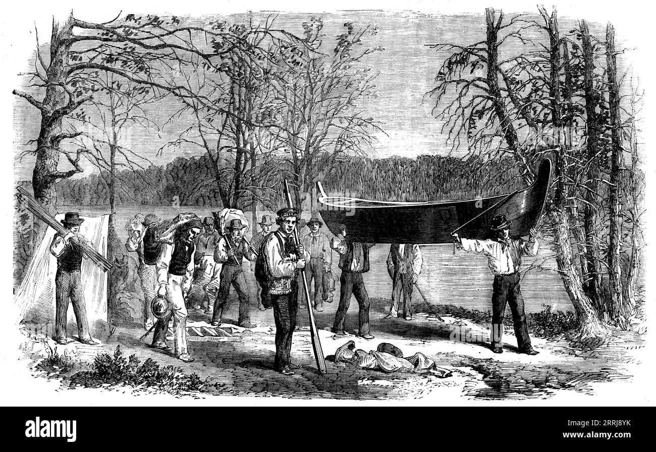 The Assiniboine and Saskatchewan Exploring Expedition - Portaging a Canoe and Baggage, 1858. Engraving from a photograph taken during '...the expedition sent out last spring by the Canadian Government to explore and report on the valleys of the Assinniboine and Saskatchewan Rivers, in Rupert's Land. This represents the mode of portaging north canoes across a point of land in the neighbourhood of rapids or falls which oppose obstacles to continuous navigation. The figure in the centre is &quot;Charlot,&quot; the Iroquois guide. In the rear the half-breed &quot;Wigwam&quot; is in the act of adju Stock Photo