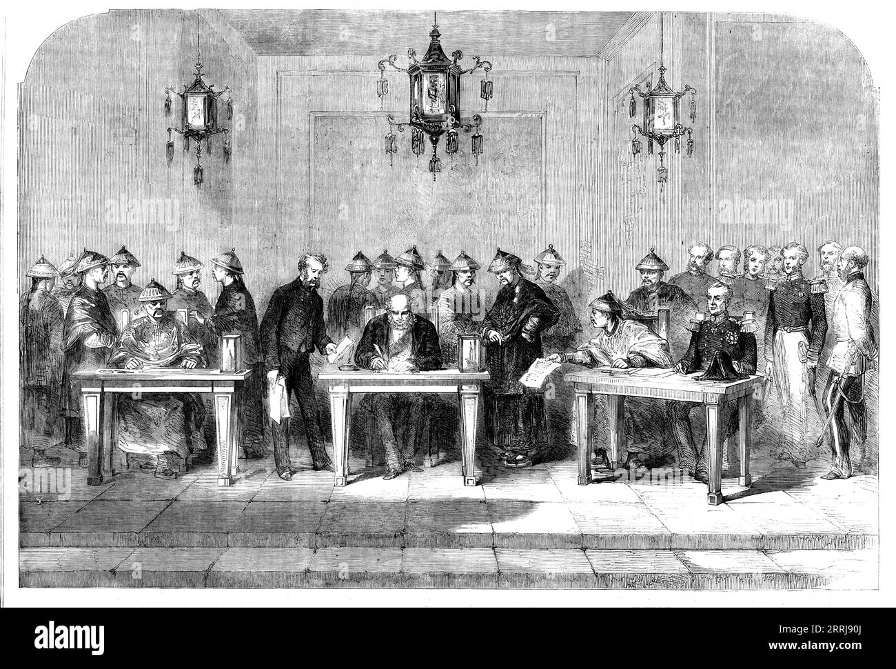 Signing of the Treaty between England and China at Tien-tsin on June 26, 1858, (1858). 'Hwa-Sha-Na; the Earl of Elgin, Kwei-Leang; Admiral [Sir Michael] Seymour...the ceremony of signing the treaty just concluded between the Government of her Majesty and the Emperor of China...at Ya-mum, called Hai-Kwang She...[was] important not only as terminating months of bloodshed and misery, but also, in all probability, as ushering in a brighter period for the future of this unique and wonderful empire...At our arrival the troops filed in and took up their position...the band struck up the National Anth Stock Photo
