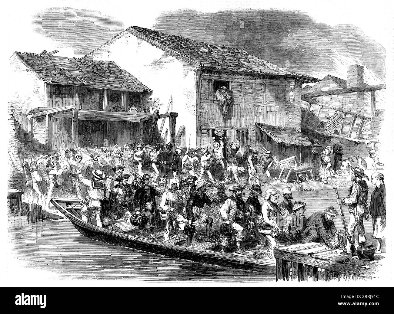 Sketches in Canton - Return of the Avengers, 1858. British forces in China '...have been destroying, looting, and burning, and are loaded with all manner of property, and all are delighted with their morning's fun, as everything in the fighting or destroying line is humorously called...On Sunday morning...a party of blue jackets came down from head-quarters, looking remarkably facetious; they were joined by the Bamboo Rifles (military train coolies), a detachment of sepoys, some marines, and, of course, Messieurs les Fran&#xe7;ais. This interesting and cosmopolitan body then tied a boat across Stock Photo