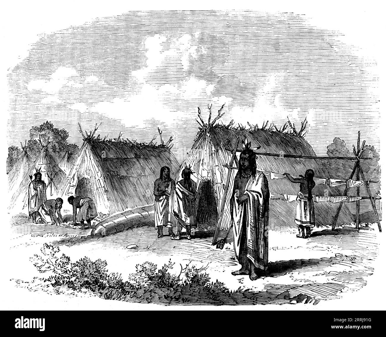 The Assiniboine and Saskatchewan Exploring Expedition - Ojibway Encampment near the Falls of the Rainy River, 1858. The Ojibways of the Lake of the Woods are the most warlike and independent tribe of this once great and powerful nation, which formerly occupied the country between Lake Huron and Red River. They still number some hundreds on the beautiful lake...from which their name is derived. Among them men of tall stature and faultless form are not uncommon. The Engraving represents a part of an encampment at the falls of Rainy River, where they assemble in the spring to catch and dry sturge Stock Photo