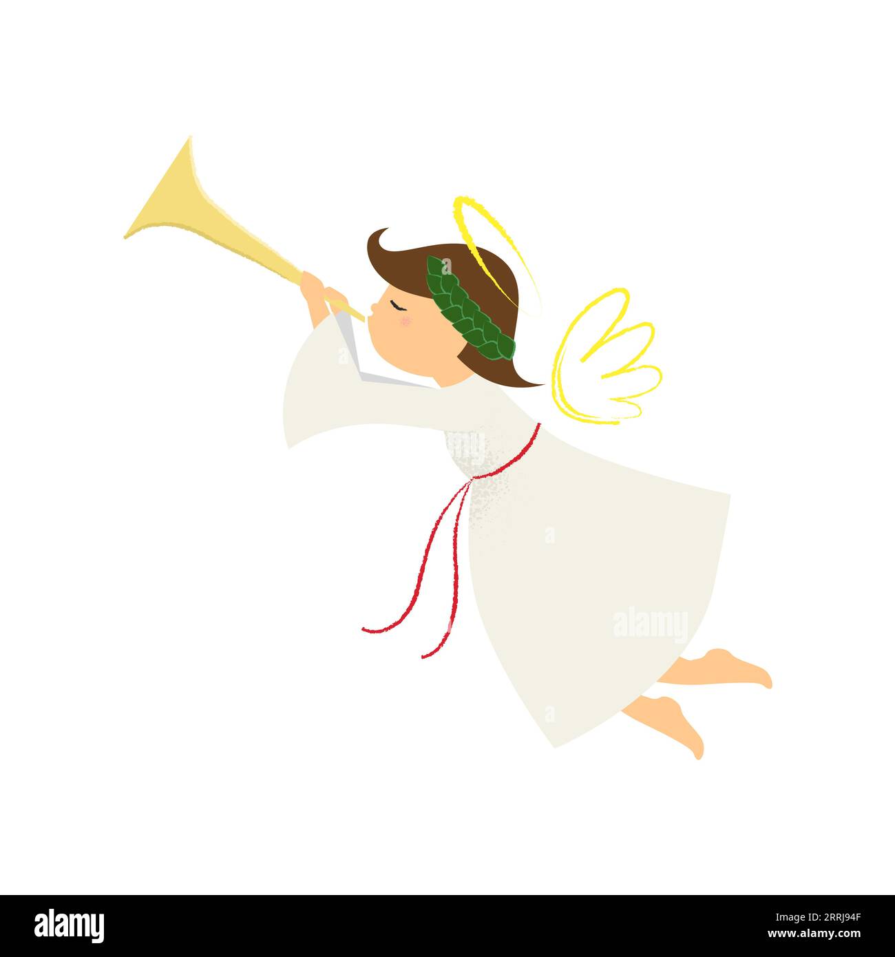 Cute angel with laurel wreath blowing horn Stock Vector
