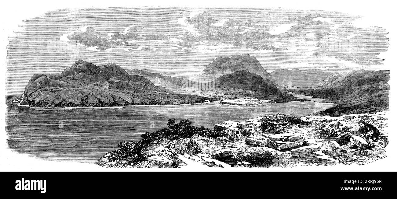 Laying the Atlantic Telegraph Cable - Valentia, the Landing-Place of the Atlantic Cable, 1858. 'View of Valentia, to which island considerable interest attaches in connection with the Atlantic Telegraph, as it is destined to receive the European end of the cable, being &quot;the nearest parish to America.&quot; This island, about five miles long and two broad, is situated near the southwest of Ireland, a short distance south of Dingle Bay'. From &quot;Illustrated London News&quot;, 1858. Stock Photo