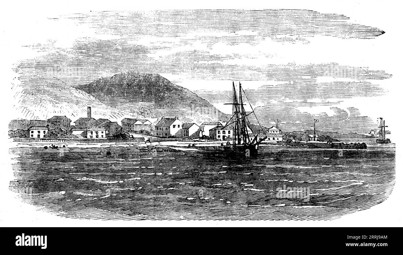 Laying the Atlantic Telegraph Cable - Valentia, from the North, 1858. 'View of Valentia, to which island considerable interest attaches in connection with the Atlantic Telegraph, as it is destined to receive the European end of the cable, being &quot;the nearest parish to America.&quot; This island, about five miles long and two broad, is situated near the southwest of Ireland, a short distance south of Dingle Bay'. From &quot;Illustrated London News&quot;, 1858. Stock Photo