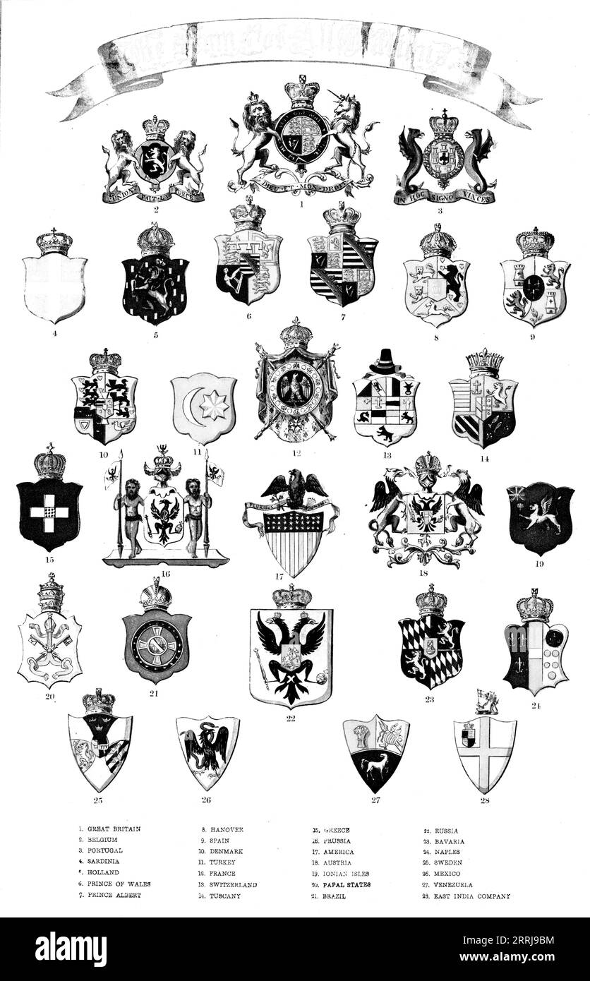 Heraldic crests, 1858. '1. Great Britain; 2. Belgium; 3. Portugal; 4. Sardinia; 5. Holland; 6. Prince of Wales; 7. Prince Albert; 8. Hanover; 9. Spain; 10. Denmark; 11. Turkey; 12. France; 13. Switzerland; 14. Tuscany; 15. Greece; 16. Prussia; 17. America; 18. Austria; 19. Ionian Isles; 20. Papal States; 21. Brazil; 22. Russia; 23. Bavaria; 24. Naples; 25. Sweden; 26. Mexico; 27. Venezuela; 28. East India Company'. From &quot;Illustrated London News&quot;, 1858. Stock Photo