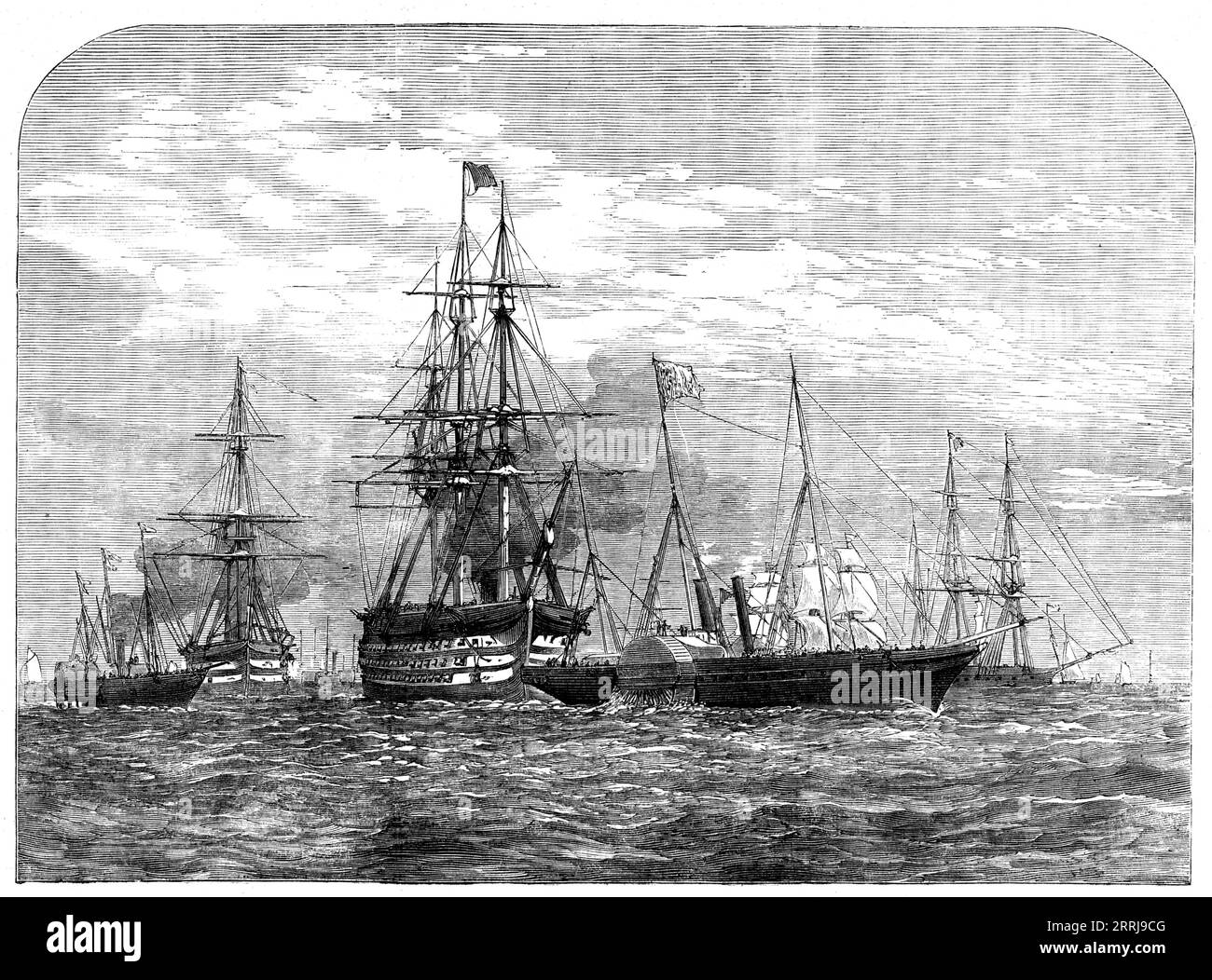 Her Majesty en route for Cherbourg, 1858. Queen Victoria travels '...to visit the Emperor and Empress of the French at Cherbourg, attended by a convoy befitting the head of a great maritime nation...The Pera, with some hundreds of the members of the House of Commons on board, got under way soon after daybreak on Wednesday morning at Southampton, and proceeded direct to Cherbourg...The escort squadron...consisted of the Royal Albert; the Renown; the Euryalus; the Diadem; the Cura&#xe7;oa; [and] the Racoon...At nine minutes past twelve the Victoria and Albert started for Cherbourg, the wind bein Stock Photo