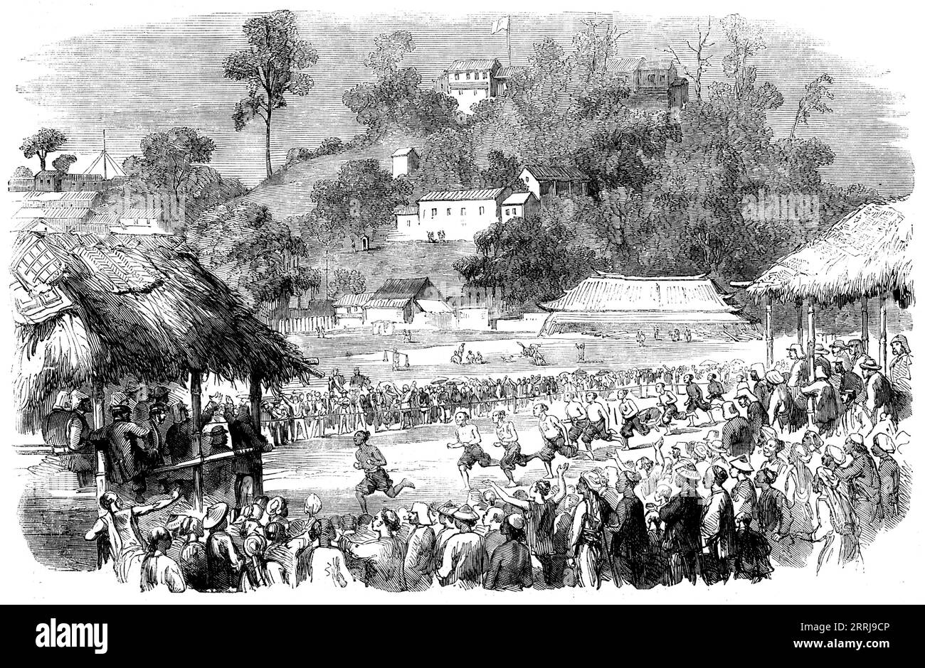 Foot-race at Canton by Coolies of the Military Train - sketched by our special artist and correspondent, 1858. 'On the Queen's birthday the English at Canton had a review in the morning, and wrestling matches, foot-races, &amp;c. Among others, the coolies of the Bamboo Regiment (Military Train) had a run. This is the moment selected for the Sketch...The hill at the back is &quot;head-quarters&quot;; the English flag has long ceased to fly there, but the French waves over Canton. Among the sports of the day was a pyramid formed by the coolies getting on each other's shoulders till they reached Stock Photo
