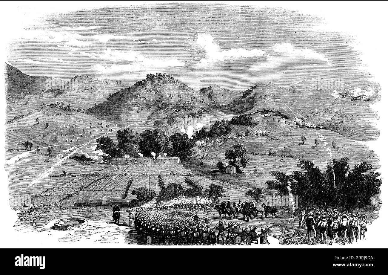 Attack on the &quot;Braves&quot; near the White Cloud Mountain, Canton - sketched by our special artist and correspondent, 1858. British forces attack in China. 'Information having been received by General Van Straubenzee that some &quot;braves&quot; had pitched their tents somewhere under the mountains to the north-east of Canton, his Excellency determined on a reconnaissance to White Cloud Mountain on June 2; and, having arrived there, perceived a camp of braves, which it was resolved to attack...The hills were covered with the braves and their flags. They pitched rockets, but quite harmless Stock Photo