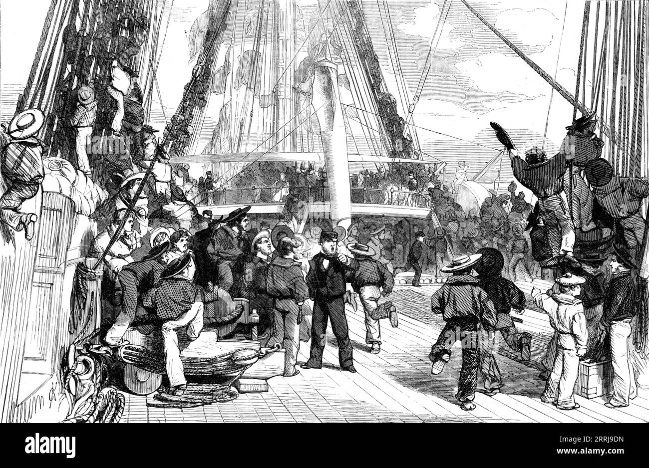 The Queen's Visit to Cherbourg - Piping Hands to Man Yards, 1858. One of the most exciting and agreeable sights that takes place on a vessel of war...When the boatswain pipes to man yards, the Jacks, all eager and willing to obtain the loftiest and most important position on the yards or shrouds, answer this call with the greatest alacrity...The following exciting scene occurred with the fleet at Spithead on the occasion of her Majesty's presence before her departure for Cherbourg: All at once the sailors could be seen swarming up the shrouds like bees, covering the rigging as they mounted hig Stock Photo