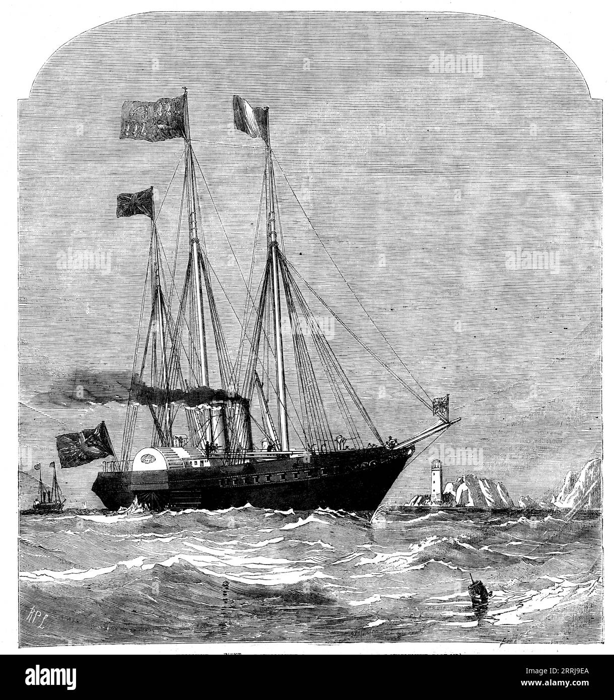 The Cherbourg Fetes - the Royal Yacht passing the Needles, 1858. Queen Victoria travels to France. 'On Thursday week the Victoria and Albert, on her way to Cherbourg, was seen from Cowes coming down the roads at twenty minutes past twelve o'clock. The Royal standard was run up to the mast of the Royal Yacht Squadron-house, and the vessels in the roads soon followed the example. As the Victoria and Albert passed, with the standard of England flying from the main, the Admiralty flag at the fore, and the union jack at the mizen, all the flags were dipped in honour of the Sovereign. At twenty-five Stock Photo