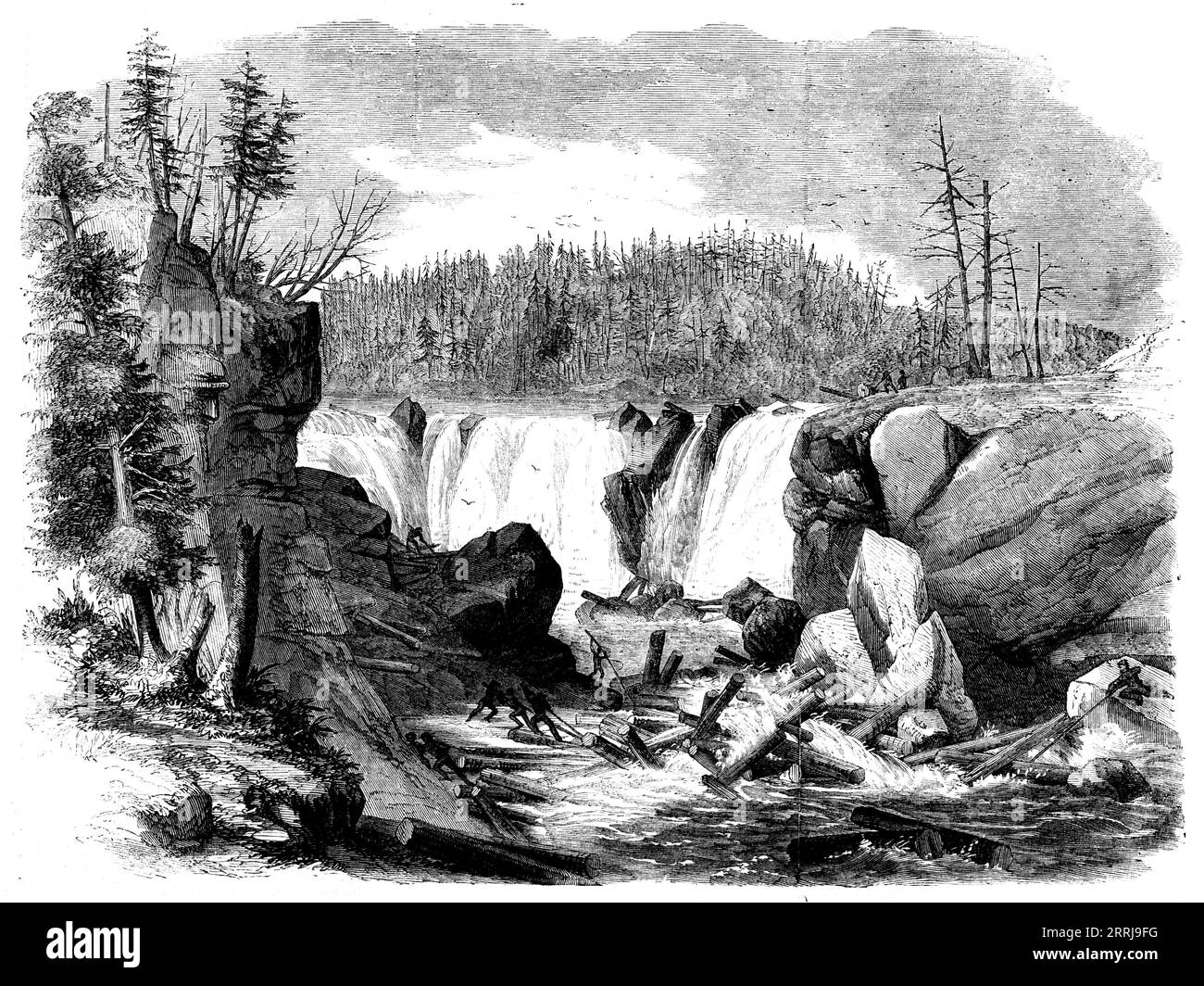 Lumbering in New Brunswick - Driving Logs down the Falls of the St. John, [Canada], 1858. 'The lumbering business is the leading element of wealth in the province; and the sawmills, which are found collected at the mouths of all its rivers, as well as the building of ships, and the business of transportation to the mother country, give employment to a very large proportion of the population...the forests...supply timber of large size, in any quantity, for building ships of the largest class...On the arrival of spring, when the heavy rains and the melting of the ice and snow have caused the str Stock Photo