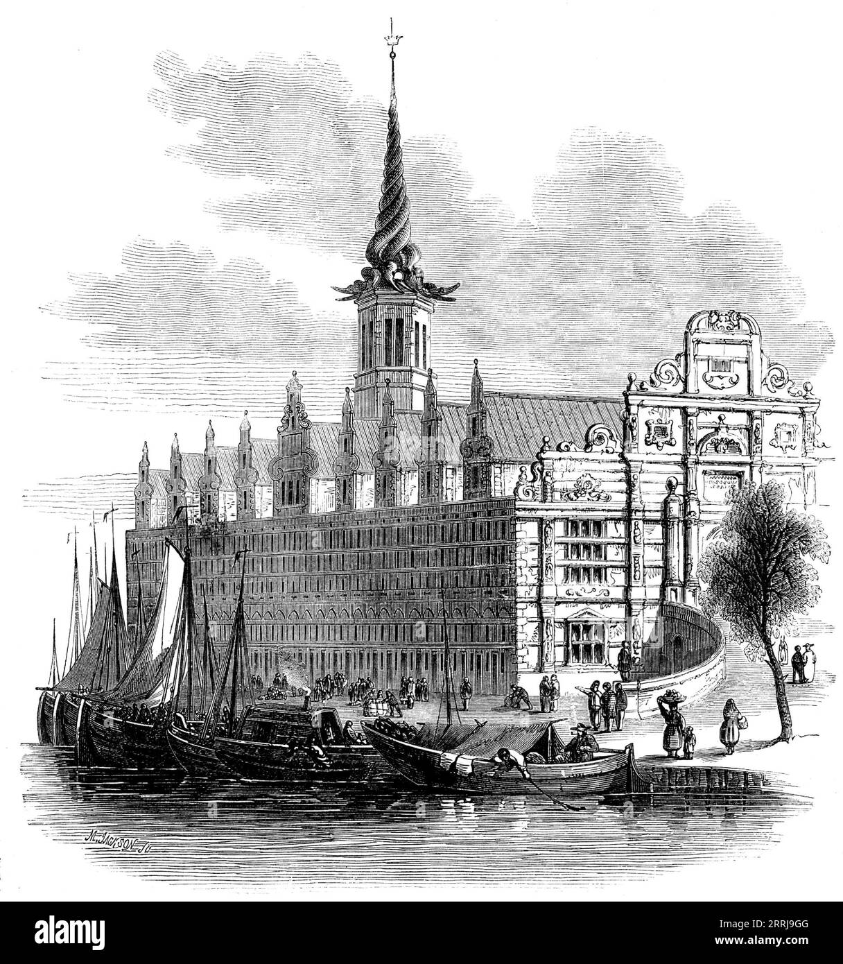 The B&#xf6;rsen, Copenhagen, 1858. 17th-century building in the capital of Denmark. 'The Danish capital is a quaint, motherly old town, without any show; and looks as if it had not altered for years, and never would alter. The architecture is of the sober order, semi-rural, semi-urban, rarely Gothic; here and there a dismal palace stands on a torv or place; the animation is concentrated by the canals, where stands the B&#xf6;rsen (Exchange), a beautiful building, with spire of twisted dragons' tails...'. From &quot;Illustrated London News&quot;, 1858. Stock Photo