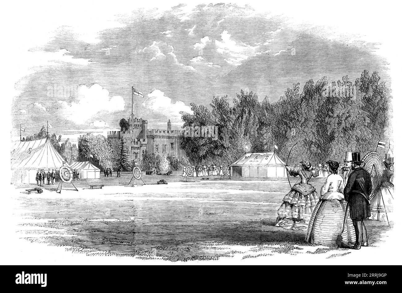 Meeting of the Worcestershire Archery Society in the Grounds of Lea Castle, Wolverley, near Kidderminster, 1858. Women shooting with bow and arrow. 'The targets, six pair in number, were pitched near the Castle. There were four pairs for members and two for visitors; and as the shooting proceeded it was watched with much interest by large numbers of the principal inhabitants of the district. Unfortunately, during the afternoon, rain fell twice, obliging the shooters to take shelter for about half an hour each time, but this delay only appeared to give additional zeal, and the sport recommenced Stock Photo
