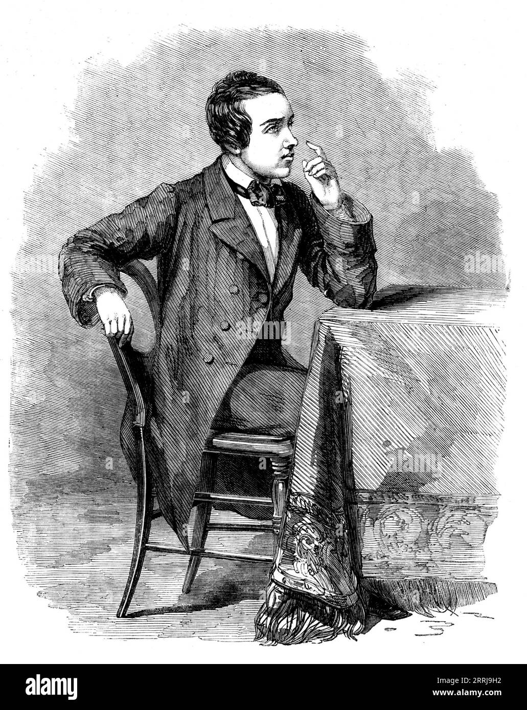 Mr. Morphy, the Celebrated Chessplayer, 1858. '...this remarkable young chessplayer...[has performed an] astounding feat at Birmingham in conducting eight games blindfold at the same time against eight strong opponents...Paul Morphy, the winner of the first prize in the late Chess Congress, not content with the triumphs of the New World, has visited England, and added widely to his fame by the conquest of the two best players with whom he has yet contended...The Engraving represents our young hero as he appeared in the rooms of Queen's College, Birmingham...when, before a numerous assemblage, Stock Photo