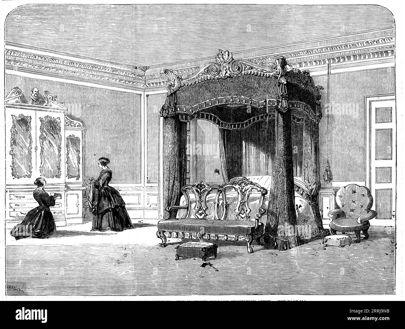The Queen's Visit to Birmingham - Her Majesty's Bedroom, Stoneleigh Abbey, 1858. 'Her Majesty honoured Lord Leigh by sleeping at his family mansion, Stoneleigh Abbey, on her way to Birmingham to open Aston Park, and also on her return thence the following day. The rooms set apart for her Majesty at the Abbey, comprising the whole of the first floor, were entirely redecorated and newly furnished for the Royal visit...The decorations and furniture of the other apartments appropriated to the use of her Majesty and suite displayed the same exquisite taste. Messrs. Moxon, of London and Edinburgh, h Stock Photo