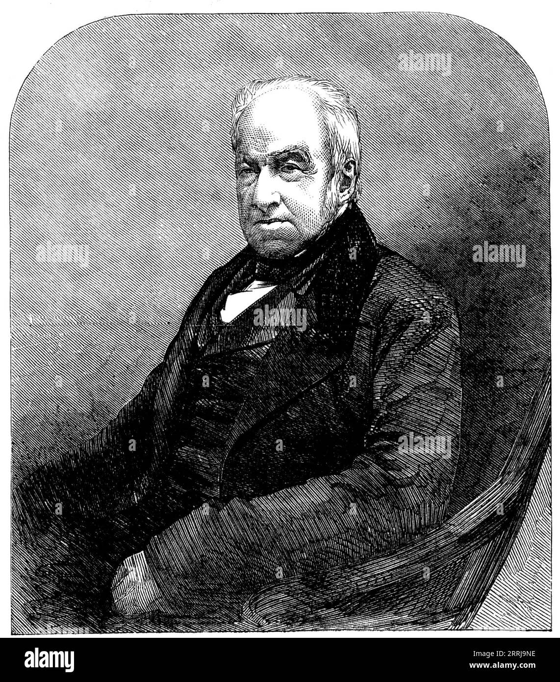 The Late Mr. Robert Brown, Keeper of Botany in the British Museum, from a photograph by Maull and Polyblank, 1858. Engraving from a photograph by Maull and Polyblank. On Sir Joseph [Banks]'s recommendation, and attracted by the more than golden promise which the then unexplored regions of New Holland held out to the botanical inquirer, [in 1801] he...embarked as naturalist in the expedition under Captain Flinders for the survey of the Australian coasts...By the use of the microscope, and the conviction of the necessity of studying the history of the development of the plant in order to ascerta Stock Photo