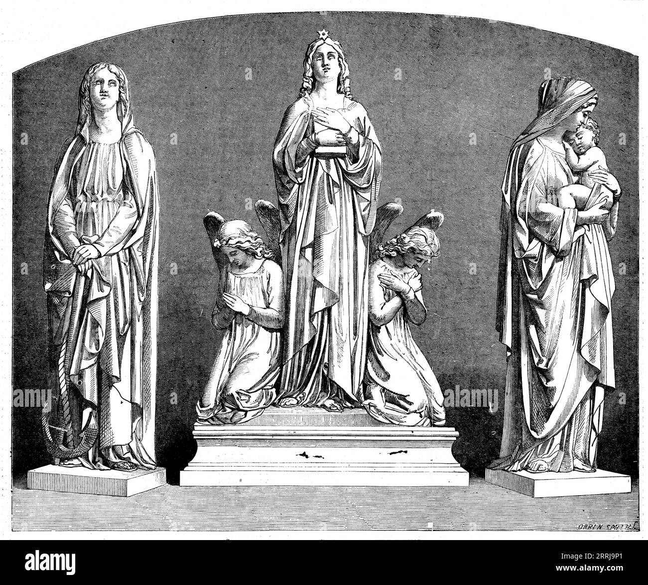 &quot;Faith, Hope and Charity&quot; - sculpted by J. Thomas, 1858. '...three fine works...[which] have been executed for a mausoleum now being erected in the Necropolis, Glasgow, for the family of John Houldsworth, Esq...We consider these sculptures to be amongst the best of Mr. Thomas's productions. The &quot;Hope&quot; is noble in character, firm, and dignified in attitude. The &quot;Charity&quot; is replete with kind and benevolent sentiment. In her arms a child is nestling, upon which her face beams with tender affection. The &quot;Faith&quot; is a finely-conceived figure; the face upturne Stock Photo