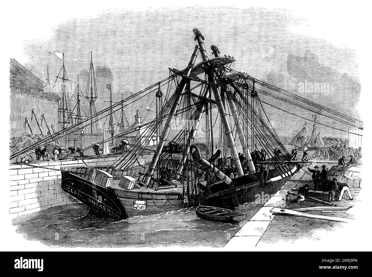 Accident at the Entry Lock of the East India Docks, Blackwall, [London], 1858. 'The vessels were the brig Ocean, of Shoreham, bound to Swansea, with a cargo of copper ore, and the collier brig Lustre, from South Shields, laden with coals. The Ocean had nearly got out of the lock when the Lustre came in from the river, and in progressing up the lock and passing the Ocean they became jammed. As the tide receded the position of the ships became most critical. The collier, with her heavy cargo of coals, careened over on to the starboard side of the Ocean, crushing her bulwarks and beams. The work Stock Photo