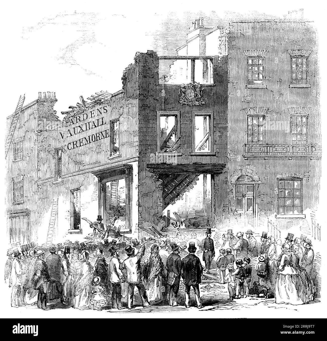 Scene of the Late Fatal Explosion of Fireworks at Lambeth, 1858. 'A large order caused extra work, and filled the factory brimful of dangerous missiles...after the men had left, an accident caused all those to explode...Rockets, catherine-wheels, and the more powerful description of fireworks exploded, scattering everything used in the business in all directions, knocking down firemen...the rockets, as they exploded...shot into the premises of Mr. Gibson, and the stock of fireworks in that place also became ignited...the firemen and police hardly knew what to do, for explosions continued to fo Stock Photo