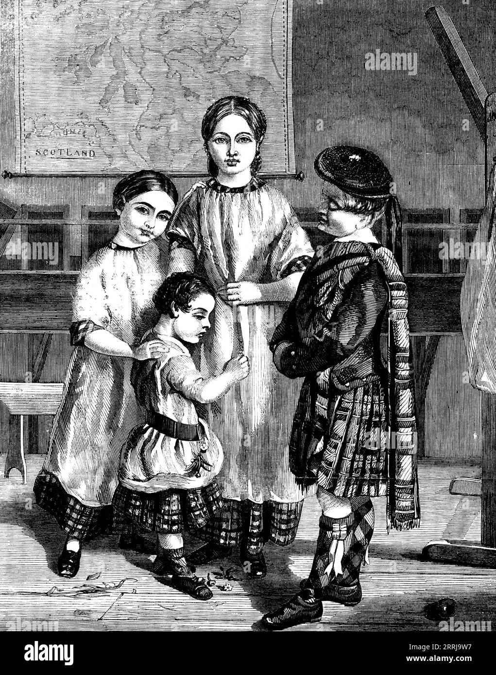 Group of Children in the Royal Caledonian Asylum [in London] - from a painting by Mr. Wighton, 1858. 'The object of the institution is the maintenance and education of the children of soldiers, sailors, and marines, natives of Scotland, who have either died or been disabled in the service of their country...At present there are sixty-seven boys and forty-nine girls in the asylum, many of whom are the sons and daughters of the brave Scottish soldiers who so nobly fought and died during the late Russian war...There is here represented a very touching picture of a little orphan boy, about five ye Stock Photo