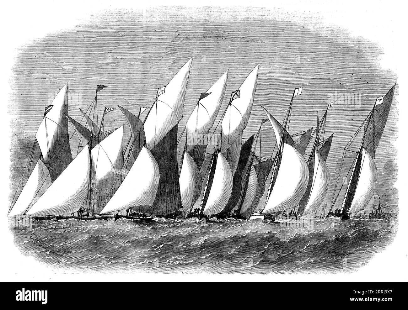 The Royal Thames Yacht Club Match, 1858. 'Whisper; Undine; Zuleika; Oriole; Julia; Dart; Violet, Midge; Silver Star; Emily; Pearl; Vampire...The signal for getting under way was fired by direction of the noble Commodore at 11.33, at which time there was a good breeze from the westward, with a trifle of south in it. They all canted at the same moment, and set their sails with great alacrity, forming one of the prettiest and most imposing starts we ever witnessed...the leading trio above Gravesend...were found nearly becalmed, the wind, which had again shifted to the northward, having died off. Stock Photo