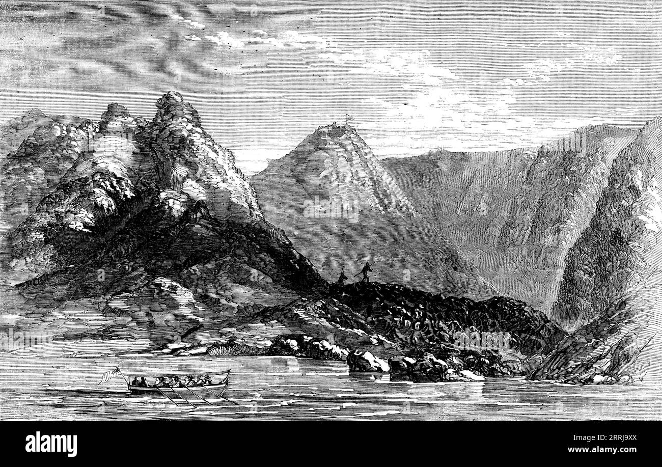 Barren Island, in the Bay of Bengal, 1858. 'This island...north-east of the Andaman Islands...was visited by the Hon. East India Company's steam-frigate Semiramis...and the British ensign was planted on the summit of the volcanic cone...Slight volcanic action is taking place at three points on the summit...The three smaller craters are approachable; the feet, however, sinking below the ankles in soft sulphurous matter around the fissures whence the vapour rises. The crystallised masses of sulphur are very beautiful. Large quantities of sulphur, in almost a pure state, might be collected, which Stock Photo