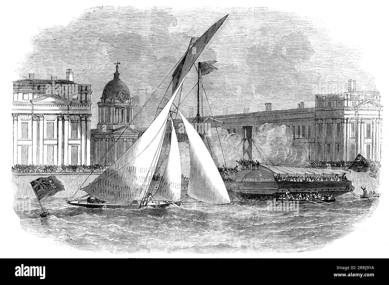 The Royal London Yacht Club Match, 1858. Sailing on the Thames. 'The race was with third-class boats only, and three prizes were contended for, the distance being from Erith to Coalhouse Point returning to a boat moored off Greenwich...There were four boats entered...The steamer Father Thames was chartered by the club to convey the members and their friends, which, on leaving Blackwall, was filled with a brilliant and fashionable company of ladies and gentlemen...Little Mosquito was away first, closely followed by the Julia, whose topsail was first set; the Atalanta was next, and then the Blue Stock Photo