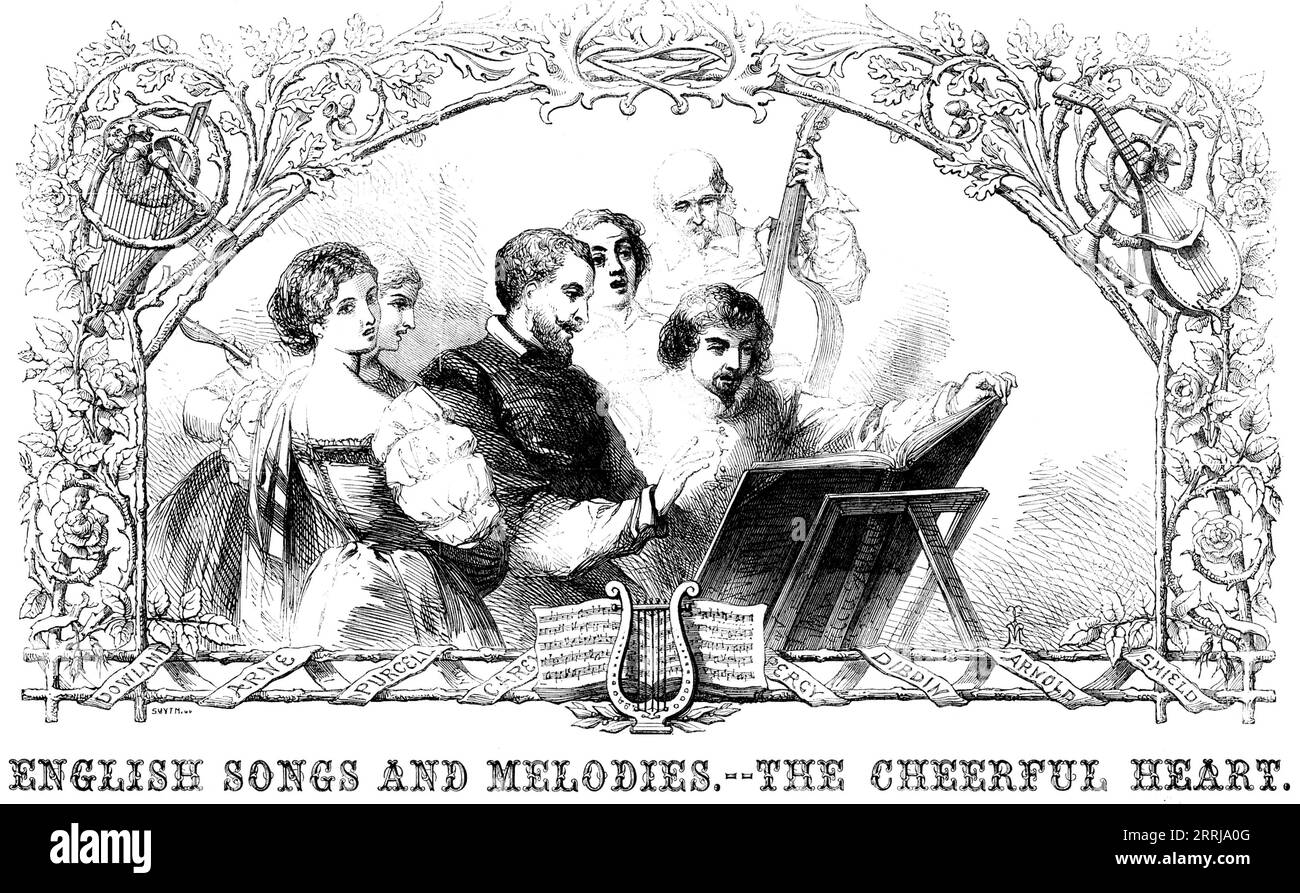 English Songs and Melodies - &quot;The Cheerful Heart&quot;, 1858. 'The Poetry [lyrics] by Charles MacKay; the Symphonies and Accompaniments by Sir H. R. Bishop; Air, &quot;We Soldiers Drink, We Soldiers Sing&quot;...Though love may claim the sweetest songs, And bards the tender strain prolong; Though friendship evermore inspire The answ'ring echoes of the lyre; Still a theme remains to sing, Fair as sunshine, fresh as spring Rainbow seen when storms depart - The charm of life, the cheerful heart. Should love grow cold, or friendship wane, Tis this can win them back again; And hatred, in its o Stock Photo
