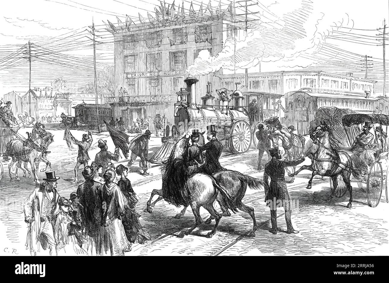 Broad-Street, Philadelphia, from a sketch by one of our special artists, 1876. '...view of Broad-street, at the crossing of the Pennsylvania and Reading line of railroad. Three or four men, waving signal flags, are stationed there to prevent accidents; but horses are liable to take fright, and there is some danger to nervous foot- passengers'. From &quot;Illustrated London News&quot;, 1876. Stock Photo