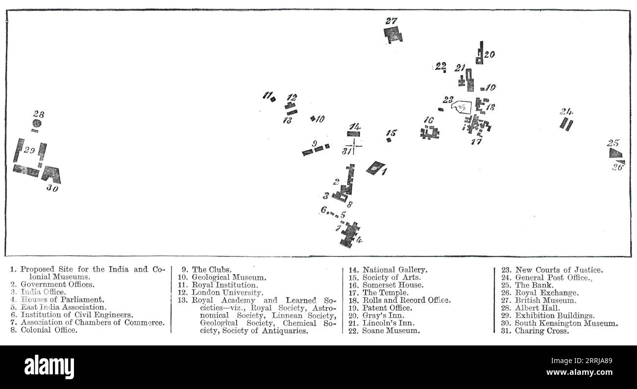 Relative position of the proposed India Museum and other public institutions, 1876. '1. Proposed Site for the India and Colonial Museums; 2. Government Offices; 3. India Office; 4. Houses of Parliament; 5. East India Association; 6. Institution of Civil Engineers; 7. Association of Chambers of Commerce; 8. Colonial Office; 9. The Clubs; 10. Geological Museum; 11. Royal Institution; 12. London University; 13. Royal Academy and Learned Societies...14. National Gallery; 15. Society of Arts; 16. Somerset House; 17. The Temple; 18. Rolls and Record Office; 19. Patent Office; 20. Gray's Inn; 21. Lin Stock Photo