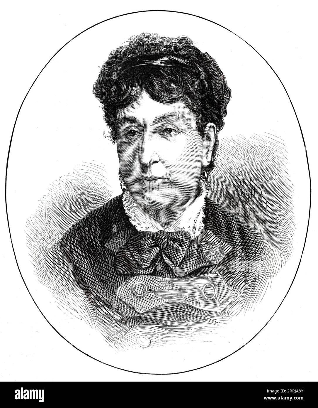The late Madame Dudevant (Georges Sand), 1876. Engraving from a photograph by P. Verdot of Chateauroux. 'Aurore Dupin was...early inspired with high-flown ideas of human liberty and equality; of social democracy, the right of woman to make herself a man...She was taught as a girl all manner of masculine accomplishments, fencing and shooting as well as riding...[Her] husband...became jealous of her regard for M. Jules Sandeau, a law student...five years her junior...There was a quarrel, and a legal separation, Madame Dudevant purchasing her conjugal emancipation by the sacrifice of her paternal Stock Photo