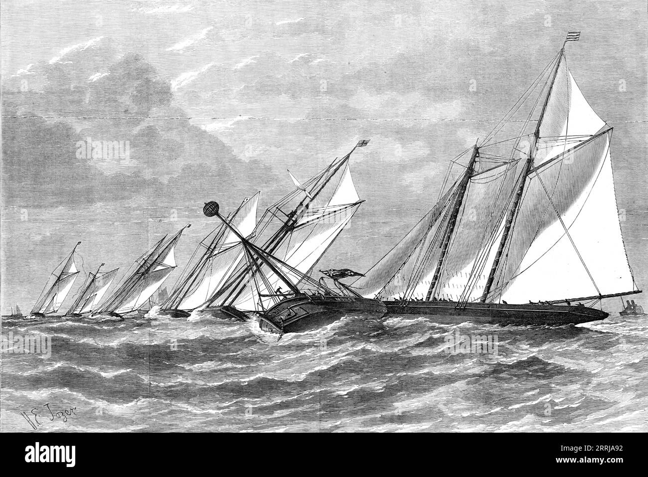 Schooner and Yawl Match of the Royal Thames Yacht Club last Saturday: the Pantomine fouling the Mouse Light-Vessel, 1876. 'There was a very fine wind for the schooner and yawl matches of this club, sailed on Saturday last, from Gravesend round the Mouse Light-Ship and back...The Pantomime (151 tons, Mr. J. Starkey) made her first appearance in a match since lengthening 4 ft. by the stern. She did not appear to be improved as far as speed goes and, by some awkwardness, she sailed plump into the Mouse Light-Ship and got crippled... The Pantomime took more scope than the others for her gybe, and, Stock Photo