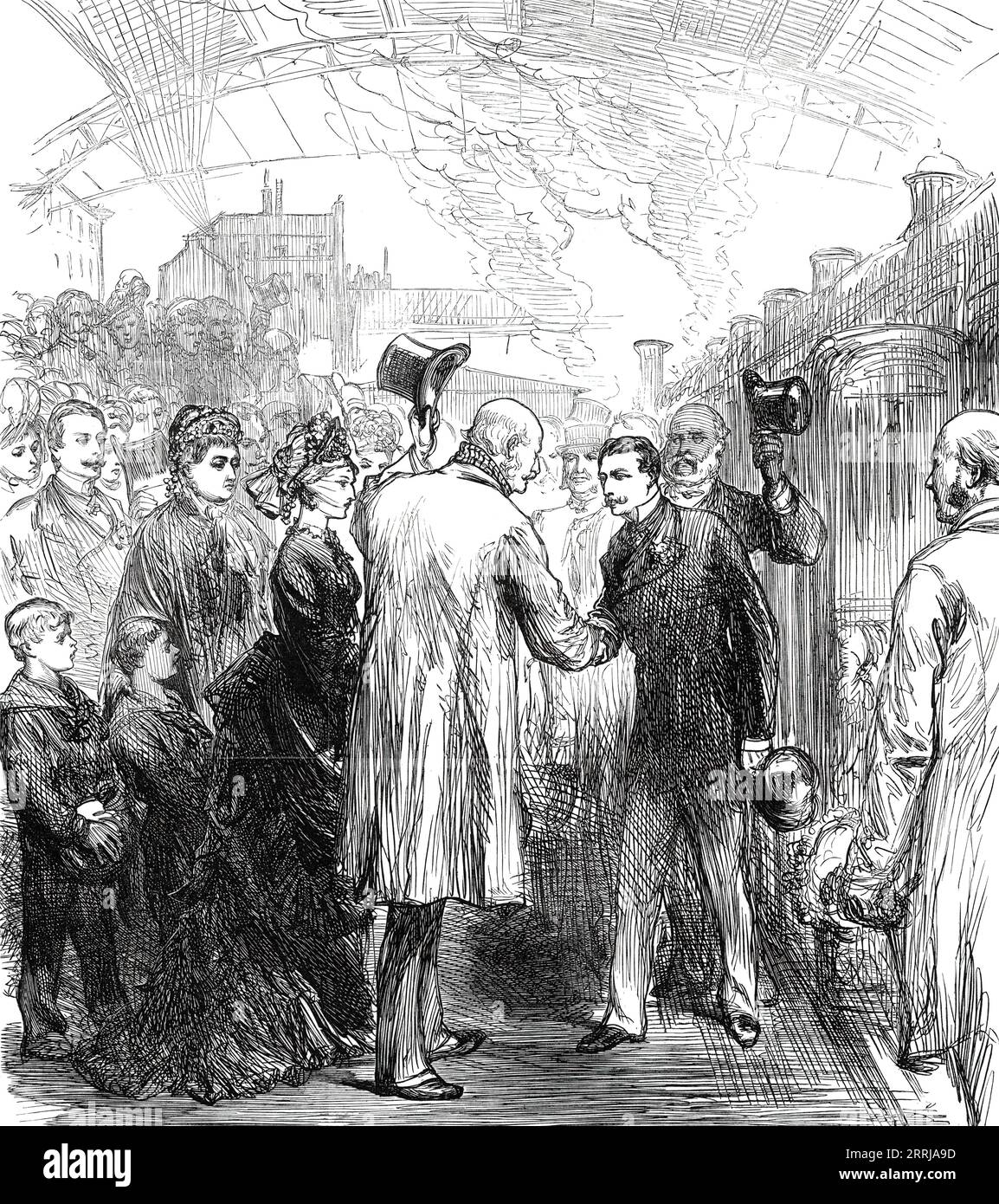Departure of King George of Hanover from the Victoria Station, 1876. 'King George and Princess Frederica of Hanover, after a visit of nearly five weeks to England, took their departure on Saturday afternoon for France...At half-past three the King and Princess, after thanking Mr. and Mrs. Claridge for their attention during their stay at the hotel, drove in one of the Queen's carriages to the Victoria terminus of the London, Chatham, and Dover Railway...Major Dickson, M.P., one of the directors of the company, was present to receive his Majesty. The train - under the personal charge of Mr. Mor Stock Photo