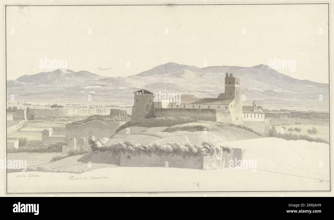 The Baths of Caracalla in Rome, with Frascati in the Distance, c.1809-c.1812. Above the hills in the background Knip wrote &#x2018;Frascati&#x2019;, a town just southeast of Rome. This thus must be a view of the Baths of Caracalla from the northwest, with the Porta Latina, one of the city gates in the Aurelian Wall, in the left background. In the middle foreground can be seen the basilica of Santa Balbina, adjacent to a medieval monastery. Stock Photo