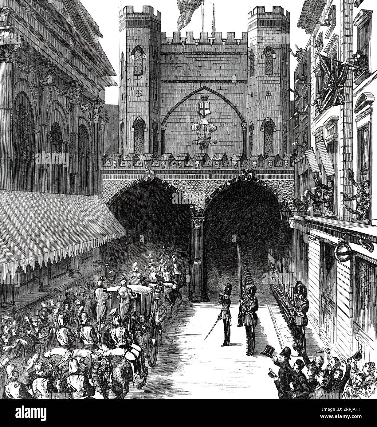 The Royal Visit to the City: Arrival of the Prince and Princess of Wales at Guildhall Yard, 1876. The future King Edward VII and Queen Alexandra during a visit to the City of London. '...on their arrival at Guildhall, [they] were received by a deputation composed of Mr. Isaacs, Chairman of the Entertainment Committee, six of the members of the Court of Aldermen, and ten of the Court of Common Council...'. From &quot;Illustrated London News&quot;, 1876. Stock Photo
