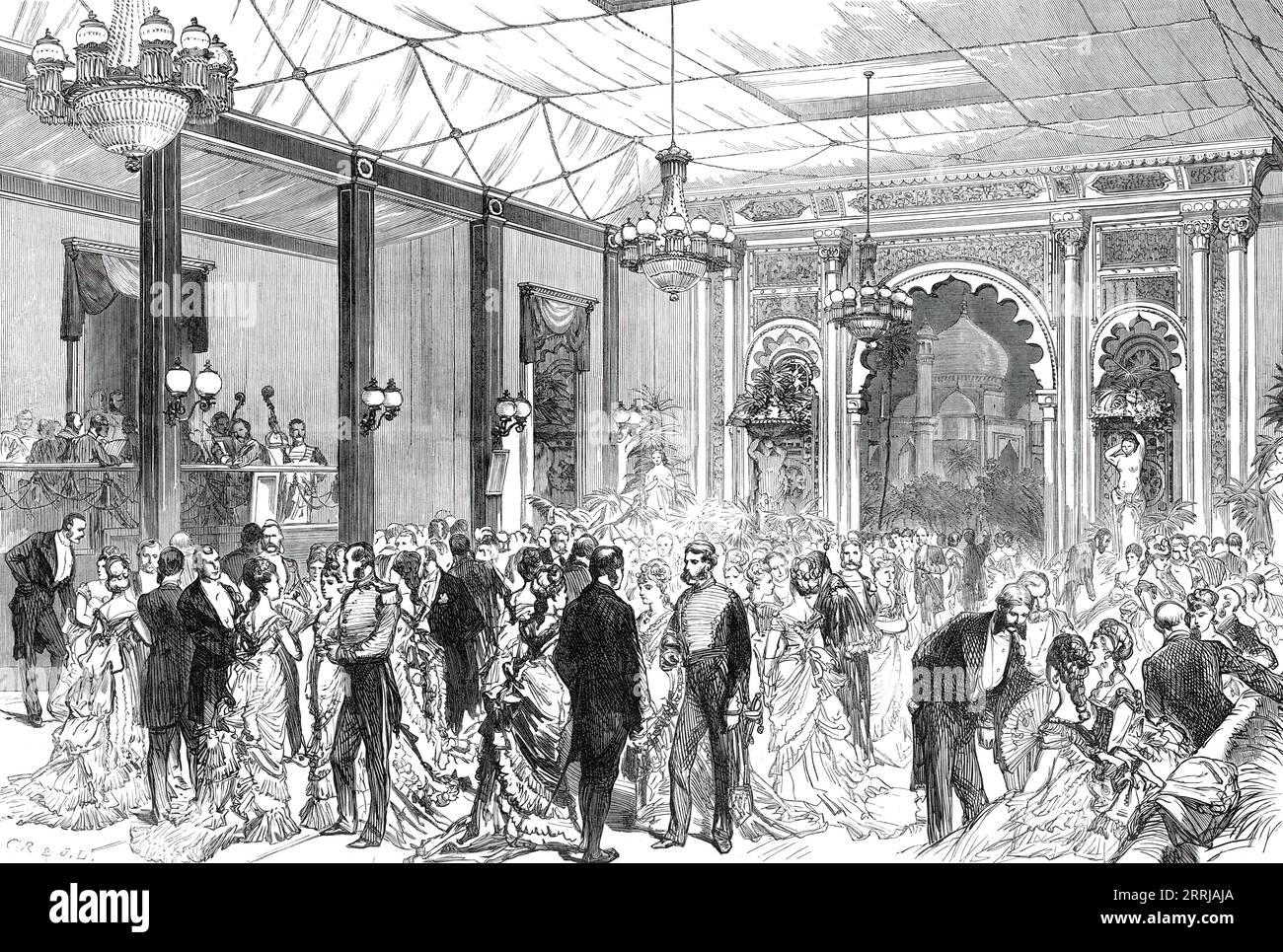 The Royal Visit to the City: the Indian Ball-Room at the Guildhall, 1876. Temporary ballroom '...destined for a new council-chamber...This magnificent apartment,...is ceiled with a combination of white and crimson cloth, and is hung throughout with rich light blue satin, bays being formed by columns covered with velvet of darker shade enriched by gilt cornices and mouldings. In each bay there is a noble mirror, beneath a tasteful canopy, with side brackets for lights; but the main illumination is supplied by glass chandeliers suspended from the centre line of the roof. At the end of this Royal Stock Photo