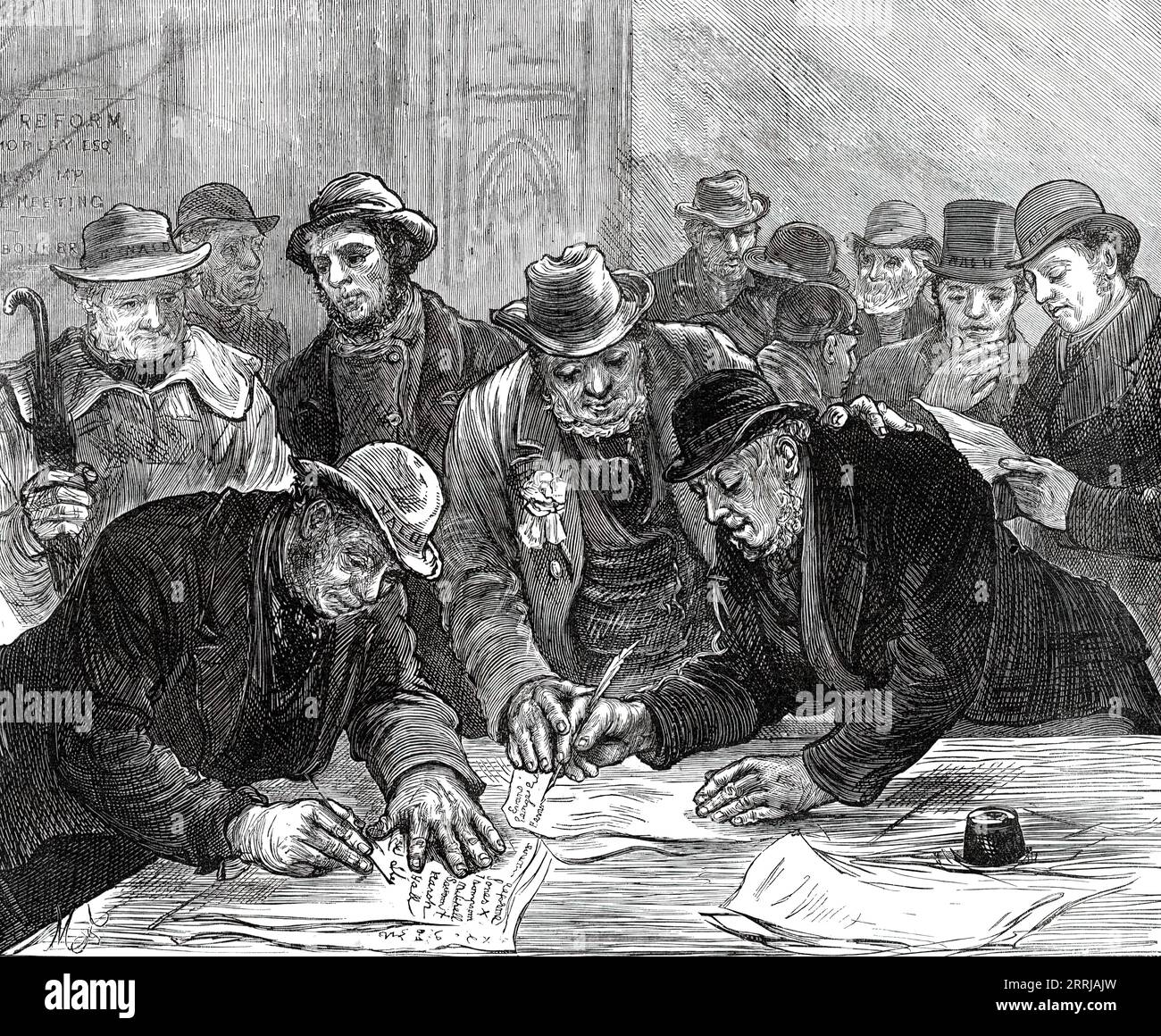 Agricultural Labourers' Union at the Memorial Hall, Farringdon-Street, [London]: Delegates signing Petition, 1876. 'About a thousand persons from different parts of the country were present, and the body of the room and the galleries were densely crowded. Nearly all the labourers' delegates wore sashes and rosettes, with the initials of the Union...The practical object of the conference was to strengthen the hands of Mr. Trevelyan in connection with his pending motion relating to electoral reform. With this view, after hearing a number of speakers, resolutions were passed in favour of making t Stock Photo
