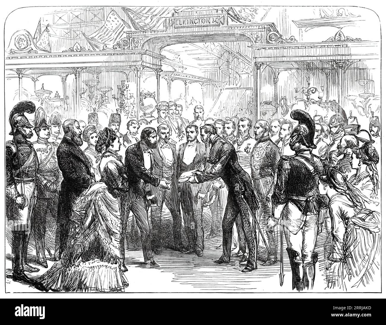 Opening of the American Centennial Exhibition: Colonel Sandford delivering to President Grant a Catalogue of the British Department, from a sketch by our special artist, 1876. 'Colonel Sandford appears in his military uniform, handing the volume over to [the President]: the British Minister at Washington, Sir Edward Thornton, likewise in uniform, stands behind Colonel Sandford. The Emperor and Empress of Brazil are in the left-hand foreground'. From &quot;Illustrated London News&quot;, 1876. Stock Photo