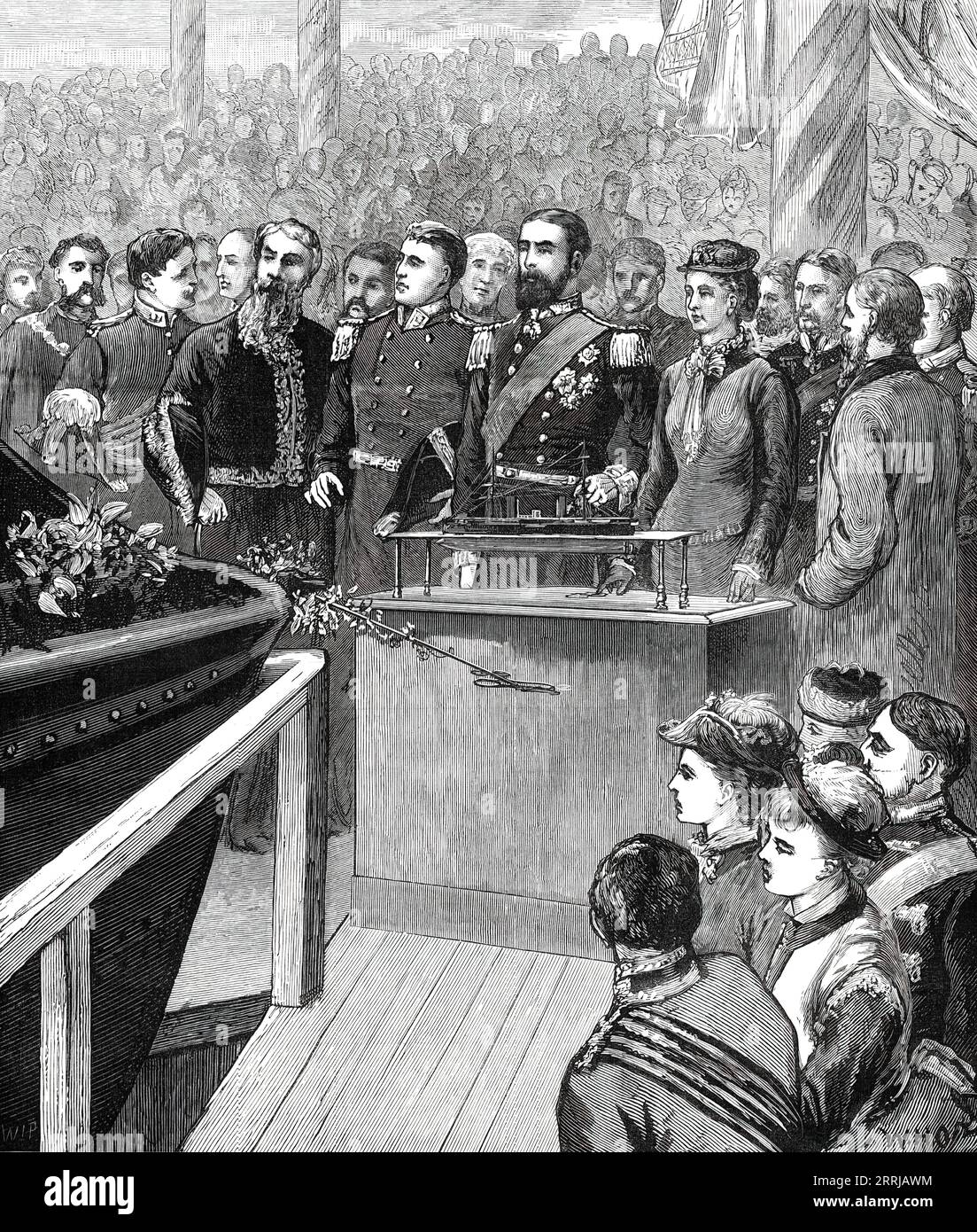 Launch of the Inflexible at Portsmouth Dockyard: Princess Louise Starting the Ship by Electricity, 1876. 'Mr. W. B. Robinson, the chief constructor of the Inflexible...[explained the mechanism to the Princess]...[there was] a beautifully-finished brass-hinged stanchion, the head of which was made to branch out into two arms so as to support the bottle of wine used in the ceremony of christening...all that was required was to press the button into the casting, whereupon the wire holding the stanchion in its place was instantly severed through being fused by electricity. The stanchion, relieved Stock Photo