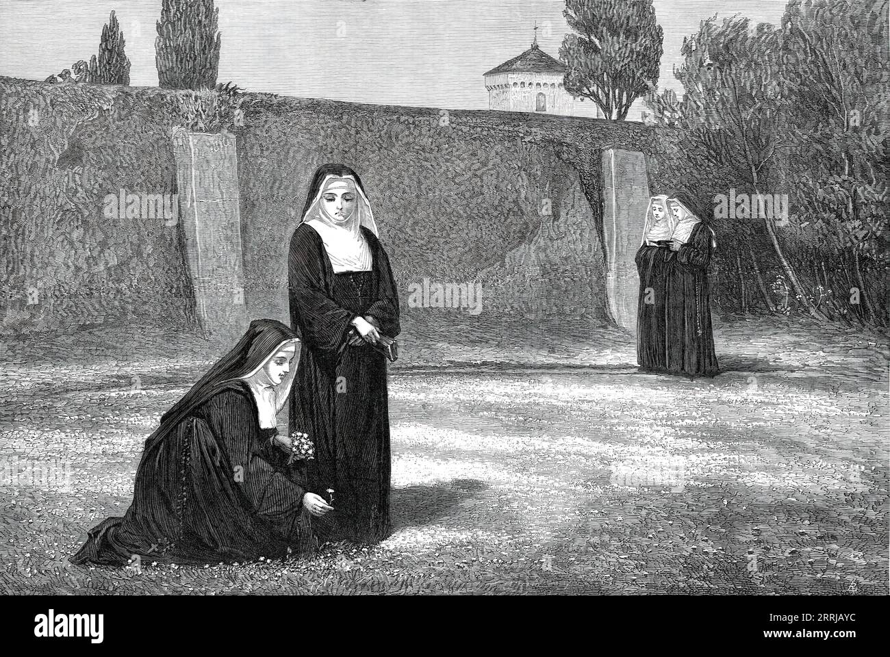 &quot;Easter&quot; by Edwin Bale, from the exhibition at the Dudley Gallery, 1876. Engraving of a painting. 'In this picture...we see a very peaceful scene of convent life, the quiet nuns enjoying the leisure of a sacred holiday in their secluded garden. They gather cowslips from amidst the sweet earthly verdure of the lawn, and hold sweet counsel together, no doubt, upon the privileges of the heavenly life. It is a soothing example of the tranquil mind...'. From &quot;Illustrated London News&quot;, 1876. Stock Photo