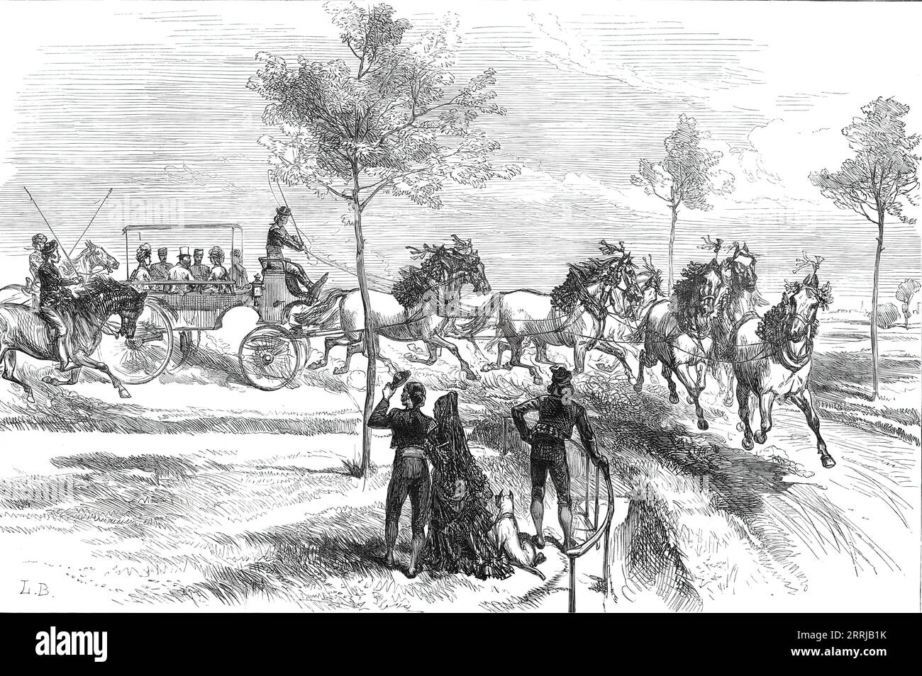 The Prince of Wales at Seville: Driving a Spanish &quot;Turn-Out&quot;, from a sketch by our special artist, 1876. The future King Edward VII takes part in amusements in Spain: '...an outlandish kind of Spanish &quot;turn-out&quot;...[which] consisted of an ordinary brake or omnibus drawn by seven greys, put in pairs with the odd one leading. The horses were hung all over the head and the massive collar with large bunches of red tassels, the simple harness was of rope, and so were the reins. The coachman, who was dressed in a short jacket with a broad waistbelt and flat black velvet hat, duly Stock Photo